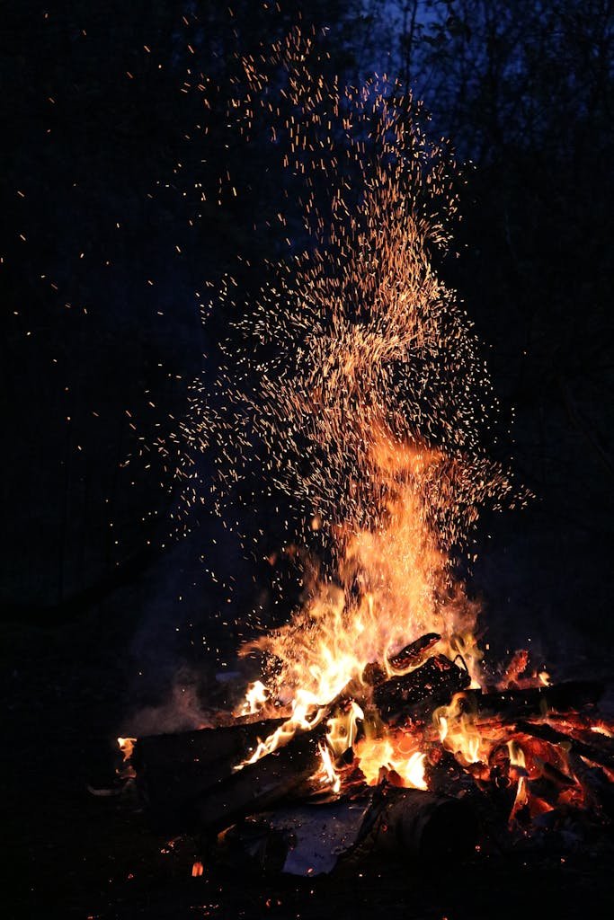 A blazing campfire illuminates the night, with sparks flying in the dark forest atmosphere.