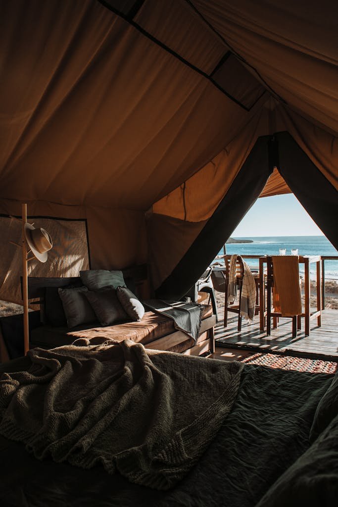 Experience serenity in a luxury tent overlooking the serene beach. Perfect for relaxation and tranquility.